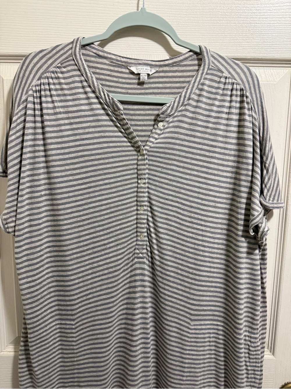 Lucky Brand Gray & White Striped Short Sleeve Henley